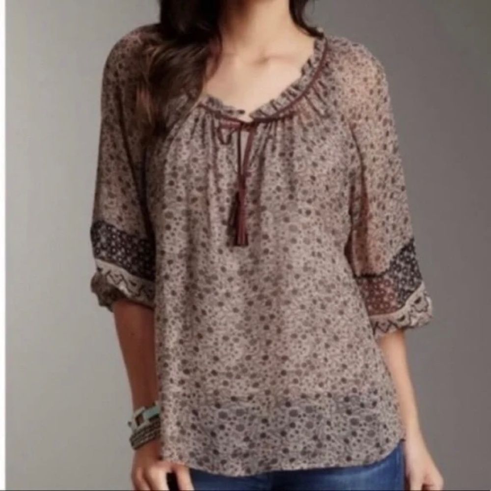 Joie Sheer Brown Floral Print Peasant Style Festival Top‎ Sz S